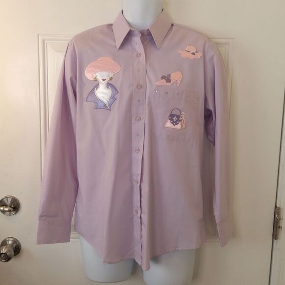 Get Lucky lilac long sleeve button front blouse with appliques and rhinestones - Picture 1 of 15
